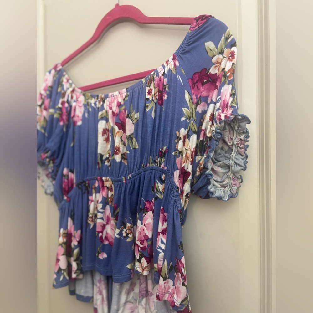Blue Ruched Ruffled Blouse with Short Sleeves - Picture 8 of 10